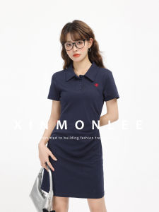 Slimming A-Line Dress XinmonLee American Style Retro Pleated Waist Cinching Short Sleeve Womens Summer Dress Polo Collar