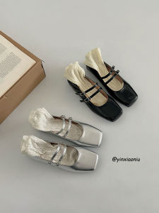Silver Flat Bottom Mary Jane Shoes Womens Ballet Flat Head Korean Style Fashion Single Shoes for Daily Wear Spring 2024