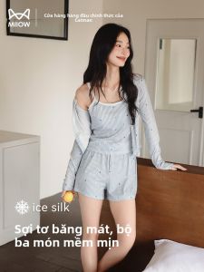 Bộ đồ ngủ nữ MiiOW Cat Person bằng lụa băng có đệm ngực gồm 3 món - mùa hè