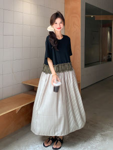 Korean Design Striped Patchwork Womens Summer New Loose Slim A-Line Long Dress Elegant Style Korean Version A-Line Skirt