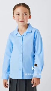 Blus Putih Anak Perempuan Lengan Panjang Katun Solid 100% Cetak Krah Turn Down 5-12 Tahun