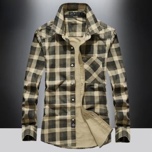 Mens Long Sleeve Plaid Shirt Casual Loose Workwear Pure Cotton Autumn Fashion Multi-Pocket Shirt Youth Pop Style Printed Fabric