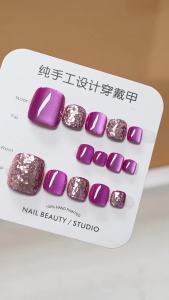 14pcs Glossy Fake Toenails With Sequins Pitaya Color Cat Eye Foot Fake Nails Wearable Glitter Short Square False Toe Nails