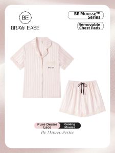 BE | Ice Silk Padded Short Sleeve Shorts Lace Trimmed Womens Pajama Set