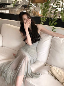 French Pleated Tulle Strap Dress Women Irregular High-End Party Birthday Mini Dress Fish Tail Skirt Commute High Waist Zipper Long Dress