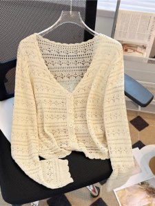 Ice Silk Knitted Hollow out Sun Protection Cardigan Thin Long Sleeve Top for Women Spring Summer Autumn with Sling Skirt Outerwear
