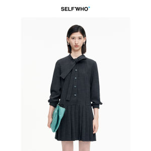 Flax-like Gray Swaying Collar Pleated Intelligent Professional Commuting Dress