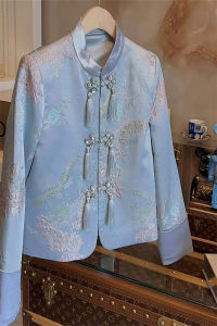 Blue Embroidered Button up Silk Satin Short Jacket Stand Collar Vintage Chinese Style Early Spring New Arrival Womens Outerwear