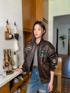 NIHAOKANONG | Áo Khoác Da Thêu chữ Retro cho Nữ