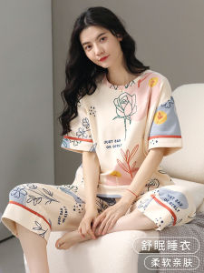 Womens Summer Sleepwear Set Pure Cotton Short Sleeve Seven-Piece Pants Lightweight Elegant Home Clothes Thin Cotton Nightgown