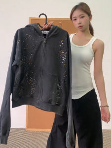 Black American Style Rhinestone Hoodie Cardigan Mens Cleanfit Design Breathable Long Sleeve Youth Popularity Autumn Wear