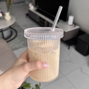 Japanese Style Ins Stripe Glass Cup with Lid Home Use Water Cup High Aesthetic Milk Coffee Drink Cup Breakfast Cup