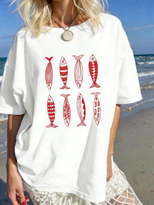 Vintage Red Fish Graphic Tops Casual Short Sleeve Print Shirt Crew Neck Womens T-Shirt Female Clothing Suitable for All Season