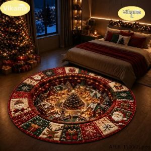 Thảm Giáng Sinh Hình Tròn Lớn VIKAMA Có In Hình Ông Già Noel Tuần Lộc Và Thị Trấn Đêm Đông - Trang Trí Nhà Cửa Trong Nhà Thảm Phòng Khách Nghệ Thuật Thẩm Mỹ