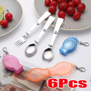 6Pcs Outdoor Portable Tri-fold Tableware 304 Stainless Steel Folding Spoon Fork Camping Hiking Travel Foldable Cookware Storage Box with Keychain