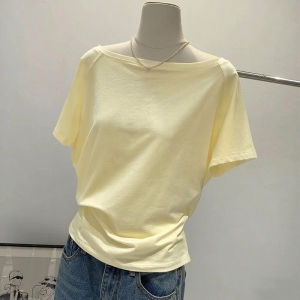 Summer Yellow Shoulder Bared Short Sleeve T-Shirt Womens Pure Color Loose Slimming Top Casual Comfortable Breathable Cotton