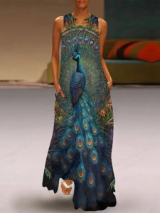 Fashionable V-neck Long Dress 3D Peacock Print Stage Show Travel Photography Pocket Dress Spring Summer Autumn Casual Style
