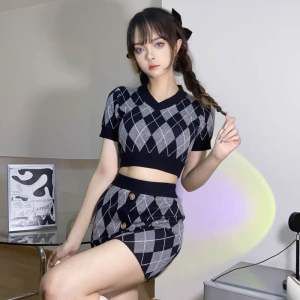 Fashion V-neck top&skirt terno/Korean checker summer terno/fashion clothes set xs-m