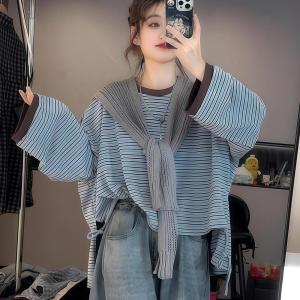 Áo Thun Dài Tay Cổ Tròn Rộng Rãi Thường Ngày Mùa Thu Cho Nam Và Nữ Họa Tiết Sọc Phong Cách Hàn Quốc Cỡ Lớn 300 Pound