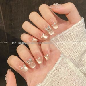 Handmade Short Cat Eye Nail Tips White Enhancing French Style Wearable Nails Gentle Color Series from Ricaman Brand