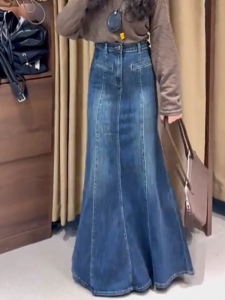 MANMI | Chân Váy Jean Xanh Retro Cao Waisted skinny Flared Thời Trang