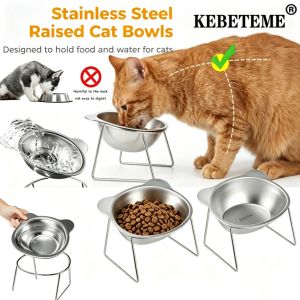 KEBETEME Raised Tilted Stainless Steel Cat Bowl with Metal Stand Neck Protection Anti-Slip Anti-Spill Elevated Pet Feeder Bowl for Kitten Small Dogs Food Water Feeding