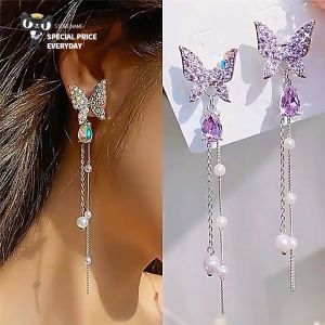 Korean Sparkling Shiny Butterfly Gems Drop Earrings for Women Party Queen Stud Earings Jewerlies Good Gift