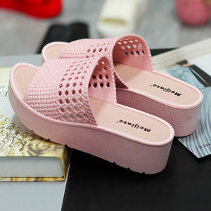 Women's Plastic Home Slippers & Middle Heel Thick Bottom Anti-Slip Slip-On Waterproof Soft Bottom Sandals