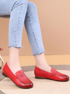 SHIPAILUO | Leather Mom Shoes Anti-Slip Rubber Sole Comfortable Ultra Soft Summer Style Womens Slip-On Round Toe Flat Heel Casual Shoes