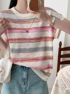 2024 New Knitted Stripe Thin Ice Silk Womens Color Block T-Shirt Short Sleeve Summer Top Design Sensation Niche Fashion Korean Style