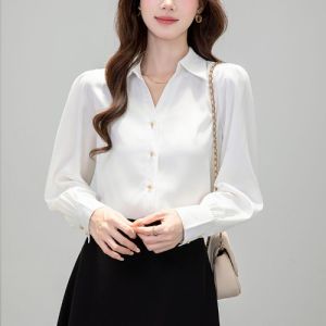 Early Autumn Long Sleeve V-Neck Gold Button Womens Shirt Commute Professional White Formal Anti-Wrinkle High-End Blouse