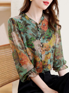DAIXIANGFEIZI | Floral Chiffon Shirt Long Sleeve