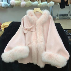 XUECAIQI | Pink Butterfly Bow Thick Wool Outerwear