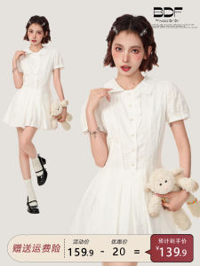 White Bubble Sleeve Polo Dress Womens Summer A-Line Short Skirt Gathered Waist School Style Dresses Vintage Pure Color