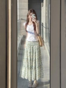 XUECAIQI | Plus Size Women Gentle Korean Style Floral Skirt Set with Wood Ear Edge Blouse