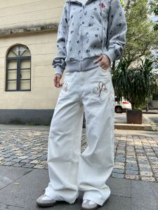 ATKFY American Retro Embroidered Washed Knife Edge Jeans Casual Wide Leg Straight Leg Long Trousers for Women