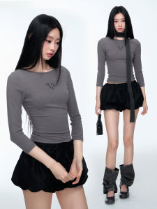 OVZE Spring New Original Distressed Heart Print Design round Neck T-shirt Seven-quarter Sleeve Over-head Base Top Women