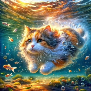 Fluffy Calico Cat Underwater Ocean Art Jigsaw Puzzle 500/1024PCS Stress Relief Puzzle Wall Art Decor Gift