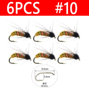Bimoo 6PCS #10~#14 Partridge Soft Hackle Nymph Pupa Fly Brown for Trout Bass Panfish Fishing Wet Flies Lures Bait Fast Sinking