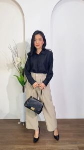 Celana Kulot Kerja Kantor Wanita Panjang Model Pinggang Karet Belakang Hitam Bahan Formal Dasar Premium Quality Celana Kulot Panjang Wanita Celana Panjang Cewek Bahan