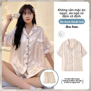 Áo ngủ nữ MiiOW làm bằng vải lụa băng ngắn tay có đệm ngực thoải mái