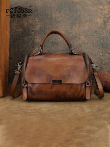 FATISS Retro Artistic Boston Bag Large Capacity Pillow Bag Handmade Leather Handbag Single Shoulder Crossbody Bag