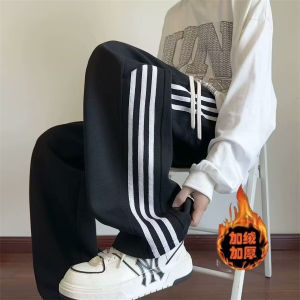 Quần Dài Nam Ống Đứng Kẻ Sọc Lót Lông Cừu Mùa Thu Đông Quần Thể Thao Rộng Rãi Cạp Vừa Thoải Mái Thoáng Khí