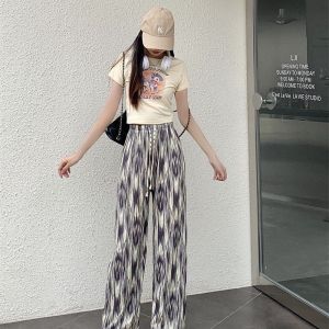 Retro Dyed Wide Leg Pants Womens Summer Style Beauty Stripe Water Ink Pattern Ice Silk Casual High Waist Straight Korean Style