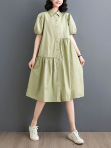 Polo Collar Loose Shirt Dress Womens Summer plus Size Slimming Midi Pure Color Bubble Sleeve Commute Style Floral Hemline
