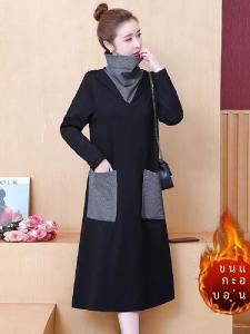 ชุดเดรสยาวทรงหลวมสไตล์หวานสำหรับผู้หญิงไซส์ใหญ่ ชุดเดรสยาวคลุมท้องทรงเข้ารูป แขนยาว คอวี ทรงเข้ารูป ฤดูใบไม้ร่วง/ฤดูหนาว