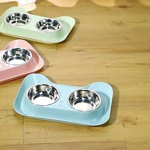 【KenCo】พร้อมจัดส่ง 2in1 ชามสัตว์เลี้ยง ชามอาหารแมว ชามอาหารกันมด ชาม2หลุม สแตนเลสถอดล้างได้ หมา แมว หน้าแมว