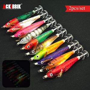 Ackibbik 2pcs/set Glow Squid Jig Hook Saltwater Fishing Shirmp Lure Wood Shrimp Octopus Cuttlefish Fishing Accessories