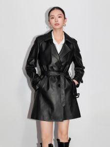 Classic Womens Sheepskin Leather Coat Belted Mid-Length Jacket Street Style Long Sleeve Slim Fit Fashionable Outerwear