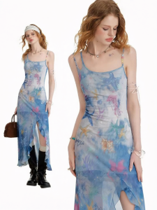 Unifree | Seascape Print Slit Ruffled Long Dress